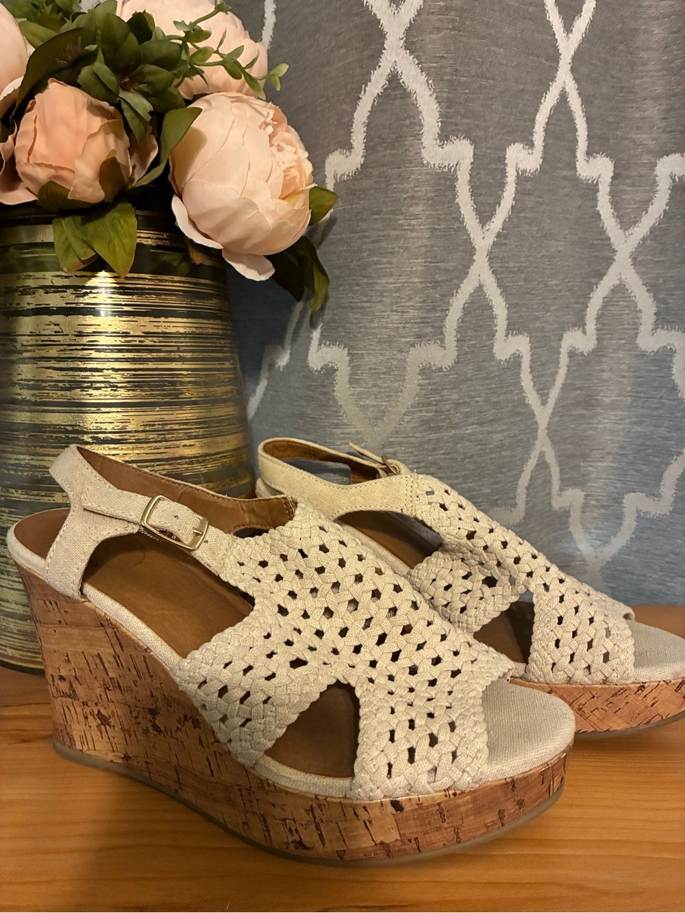 SO Cream Crochet Cork Wedge Sandals